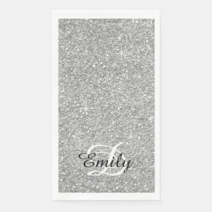 Silver Grey Glitter Black and White Monogram Napkin