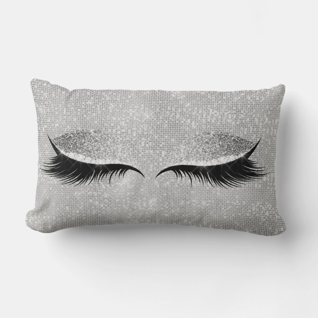 Silver Grey Glitter Black Glam Make Up Grey Sequin Lumbar Pillow (Front)