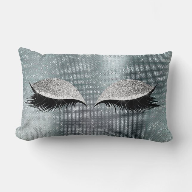 Silver Grey Glitter Black Glam Make Up Teal Sequin Lumbar Pillow (Front)