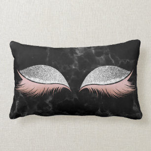 Silver Grey Glitter Black Glam Makeup Marble Black Lumbar Pillow
