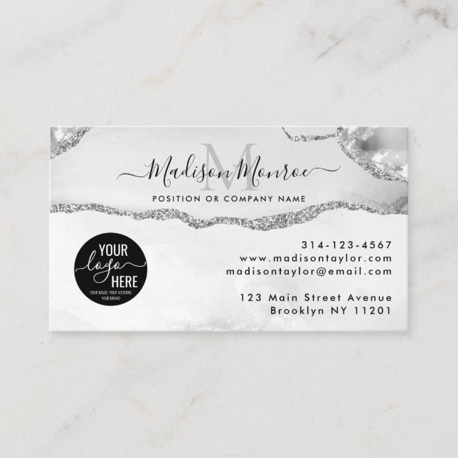 Silver Grey Glitter Custom Logo Agate Monogram Business Card (Front)
