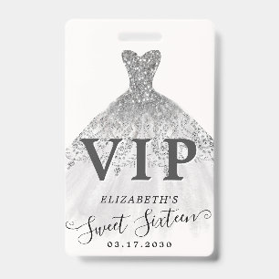 Silver Grey Glitter Dress Sweet 16 VIP Birthday Badge