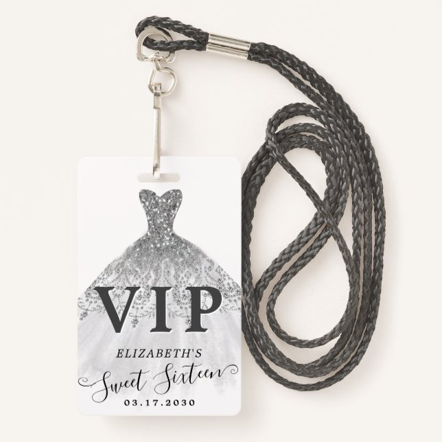 Silver Grey Glitter Dress Sweet 16 VIP Birthday Badge (Front with Lanyard)