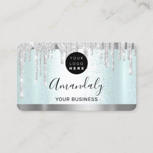 Silver Grey Glitter Drips Frame Qr Code Logo Aqua Business Card