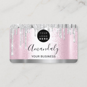 Silver Grey Glitter Drips Frame Qr Code Logo Pink Business Card