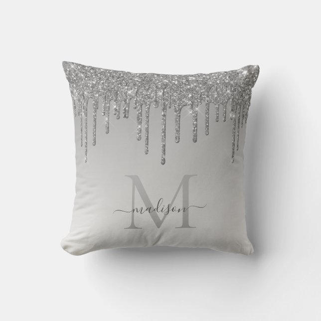 Silver Grey Glitter Drips Glam Monogram Script Throw Pillow (Front)