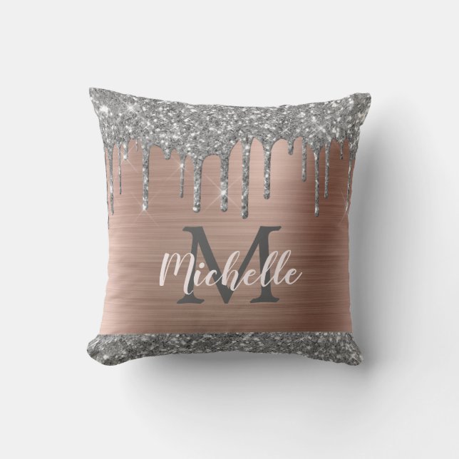 Silver Grey Glitter Drips Pink Metal Monogrammed Throw Pillow (Front)