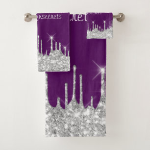 Silver Grey Glitter Effect Drips Plum Purple Name Bath Towel Set