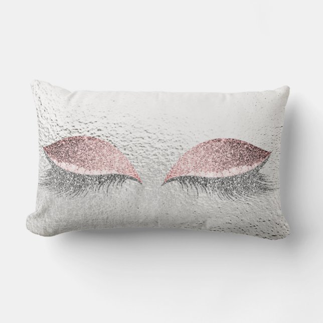Silver Grey Glitter Eyes Pink Glam Makeup Glass Lumbar Pillow (Front)