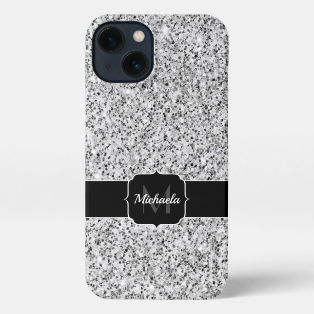 Silver grey glitter faux sparkles Monogram iPhone Case (Back)