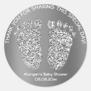 Silver Grey Glitter Feet Baby Shower Favour Thank Classic Round Sticker