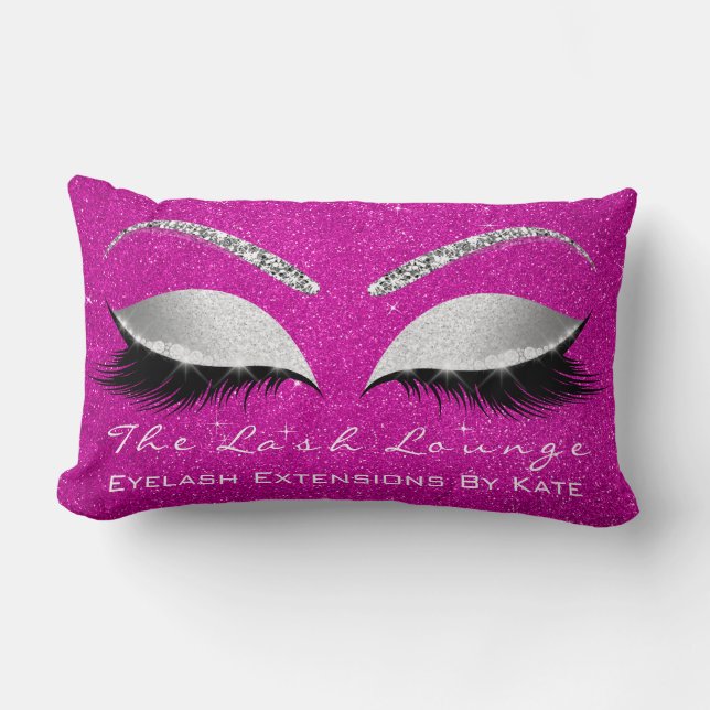 Silver Grey Glitter Hot Pink Rose Makeup Eye Lash Lumbar Pillow (Front)