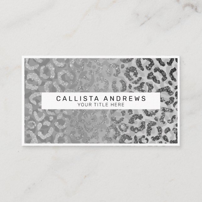 Silver Grey Glitter Leopard Animal Print Monogram Business Card (Front)