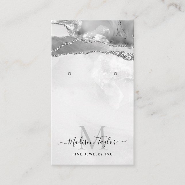 Silver Grey Glitter Marble Agate Jewellery Display Business Card (Front)