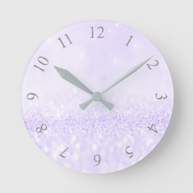Silver Grey Glitter Minimal Lavender Purple Round Clock (Front)
