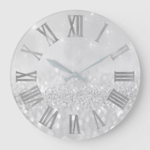 Silver Grey Glitter Minimal Metallic Roman Numers Large Clock
