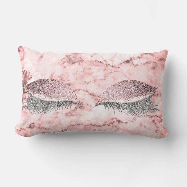 Silver Grey Glitter Pink Rose Glam Makeup Marble Lumbar Pillow (Front)