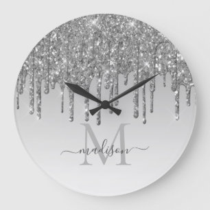 Silver Grey Glitter Sparkle Glam Dripping Monogram Large Clock
