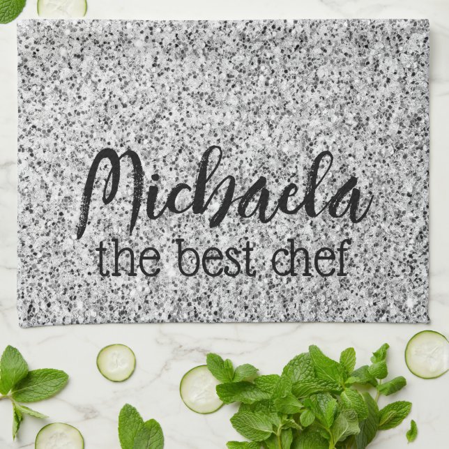 Silver grey glitter sparkles Custom name best Chef Kitchen Towel (Folded)