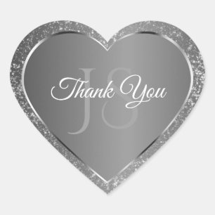 Silver Grey Glitter Stars Initials Cute Thank You Heart Sticker