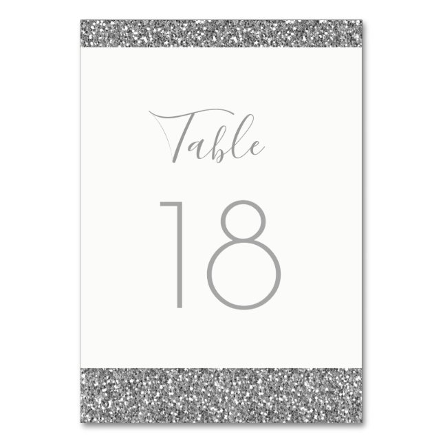 Silver Grey Glitter Table Number Flat Card (Front)
