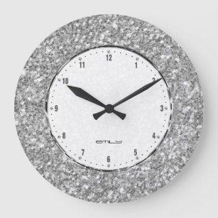Silver Grey Glitter Texture Print Large Clock