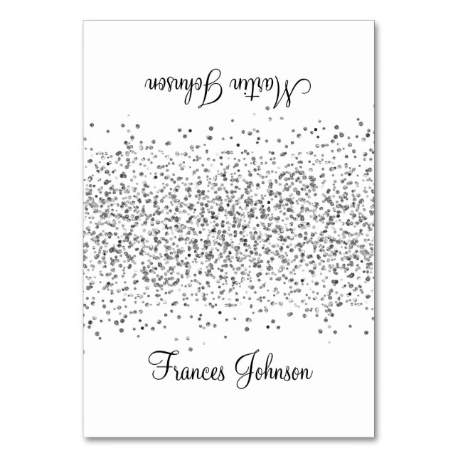 Silver Grey Glitter White Two Name Place Cards (Front)