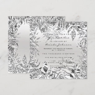 Silver Grey GlitterMetal Tropical Leaf White Frame Invitation
