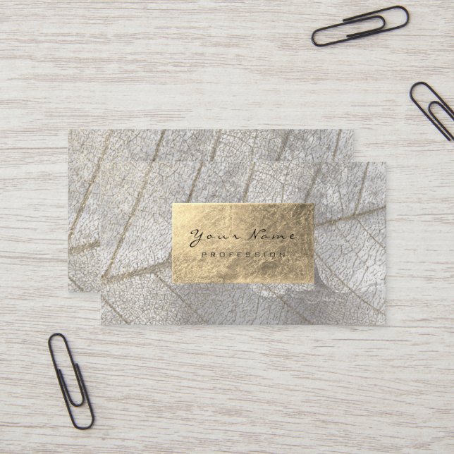 Silver Grey Gold Foil Botanical Cement Grungy Business Card (Front/Back In Situ)