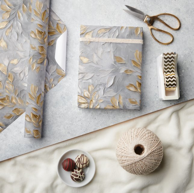Silver Grey Gold Leaves Wrapping Paper (Crafts)