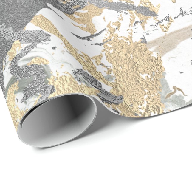 Silver Grey Gold Marble Shiny Metallic White Ivory Wrapping Paper (Roll Corner)