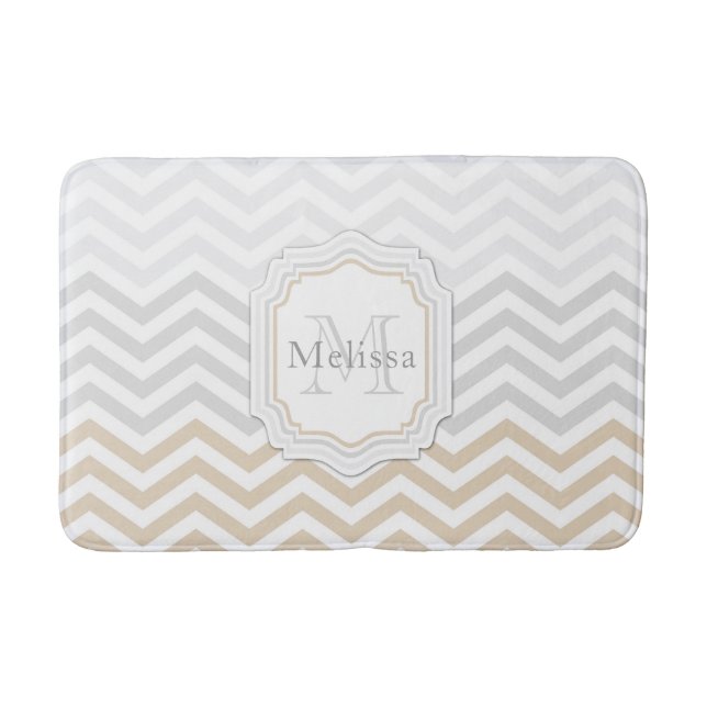 Silver Grey Gold Monogram Chevron Bath Mat (Front)