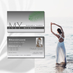 Silver Grey Gradient Palm Leaf Monogram and Photo Business Card
