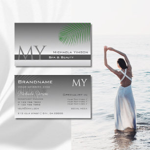 Silver Grey Gradient Palm Leaf with Monogram Business Card