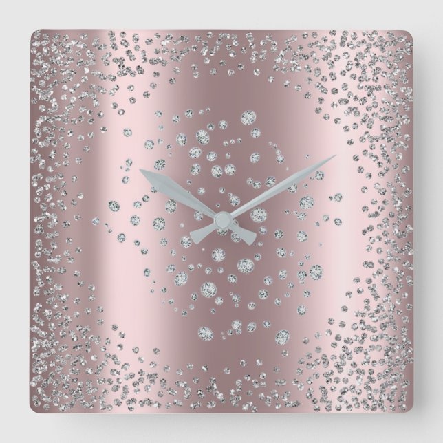 Silver Grey Graphite Diamond Crystals Rose Gold Square Wall Clock (Front)