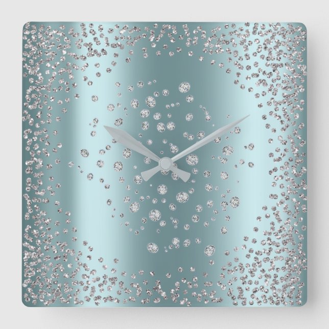 Silver Grey Graphite Diamond Crystals Tiffany Square Wall Clock (Front)