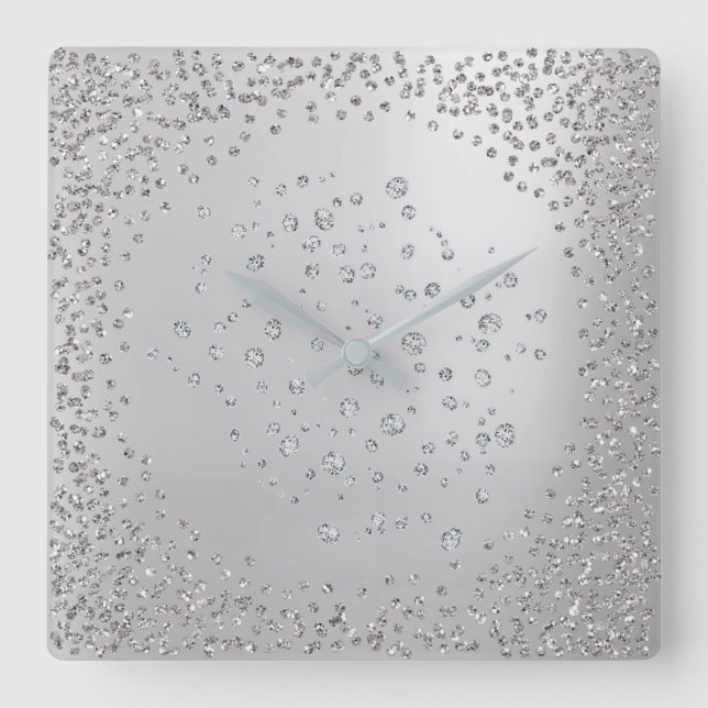 Silver Grey Graphite Diamond Gems Crystals Square Wall Clock (Front)