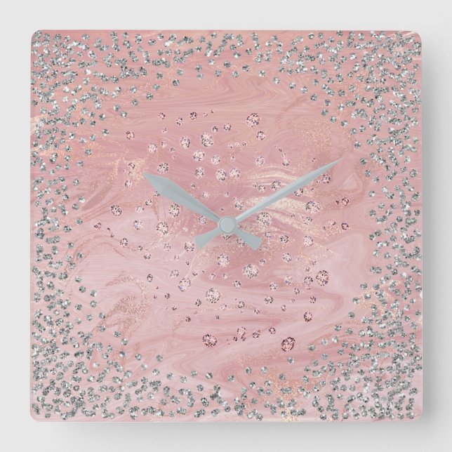 Silver Grey Graphite Diamonds Crystals Marble Pink Square Wall Clock (Front)