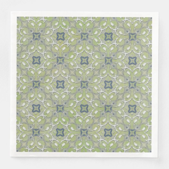 Silver Grey Green Blue Metallic Filigree Pattern Napkin (Front)