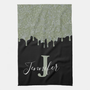 Silver Grey Grey and Black Monogram Glitter Drips Kitchen Towel