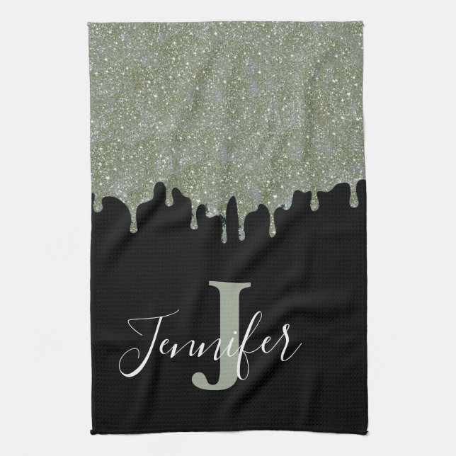 Silver Grey Grey and Black Monogram Glitter Drips Kitchen Towel (Vertical)