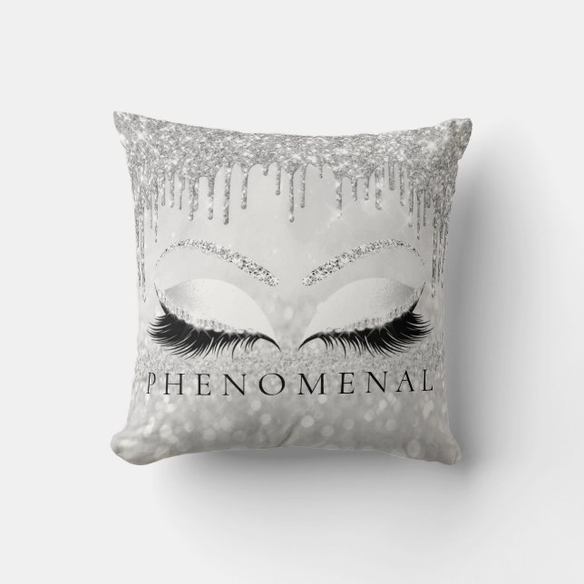 Silver Grey Grey Eyelashes Glitter PHENOMENAL Throw Pillow (Front)
