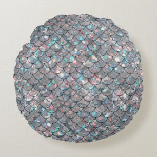 Silver Grey Grey Mermaid Fish Scales Holographic Round Pillow