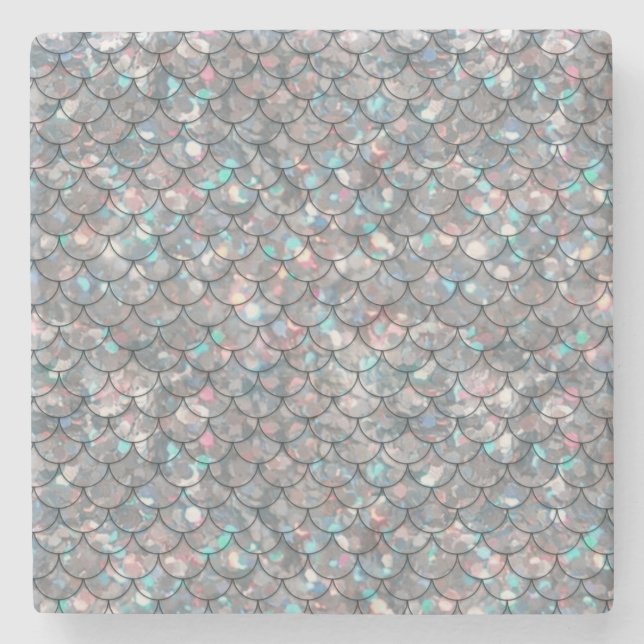 Silver Grey Grey Mermaid Fish Scales Holographic  Stone Coaster (Front)