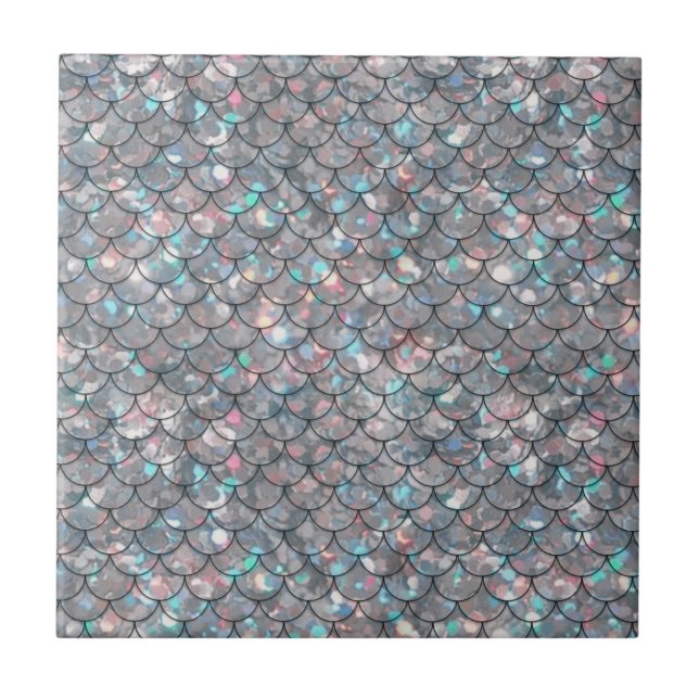 Silver Grey Grey Mermaid Fish Scales Holographic  Tile (Front)