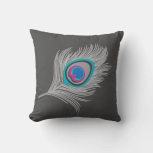 Silver Grey / Grey Peacock Feather on Graphite Throw Pillow