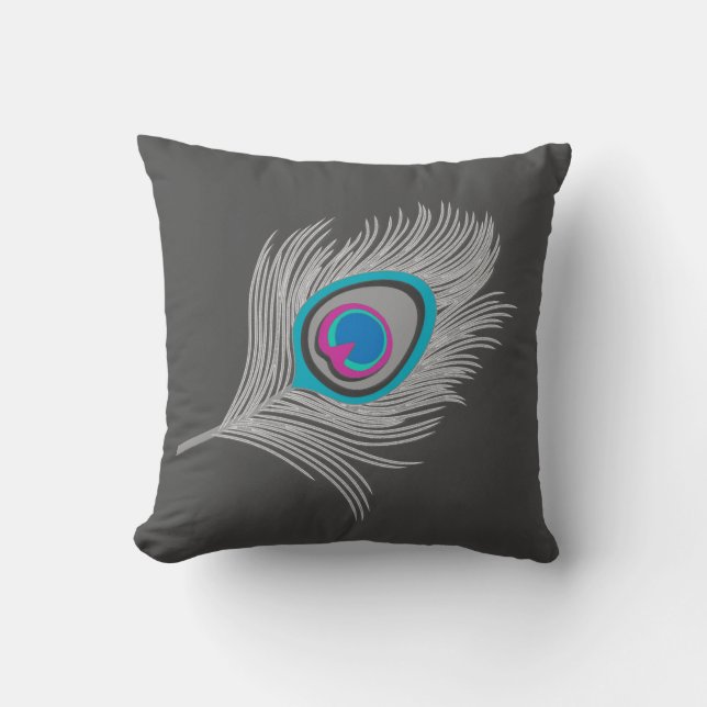 Silver Grey / Grey Peacock Feather on Graphite Throw Pillow (Front)