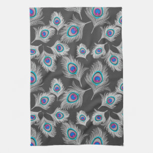 Silver Grey / Grey Peacock Feathers on Dark Grey Kitchen Towel