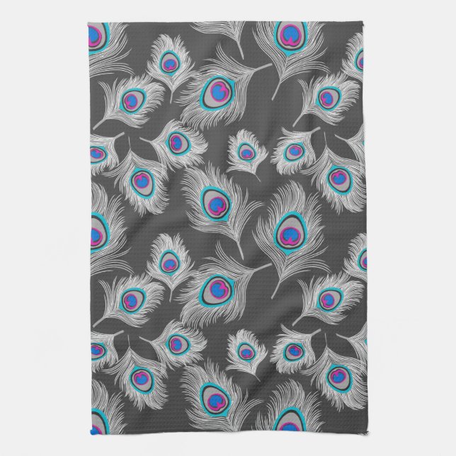 Silver Grey / Grey Peacock Feathers on Dark Grey  Kitchen Towel (Vertical)