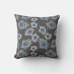 Silver Grey / Grey Peacock Feathers on Graphite Throw Pillow